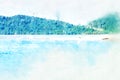 Beautiful sand sea and mountain background in Krabi, Thailand on watercolor illustration paintingÃ Â¹Æ Royalty Free Stock Photo